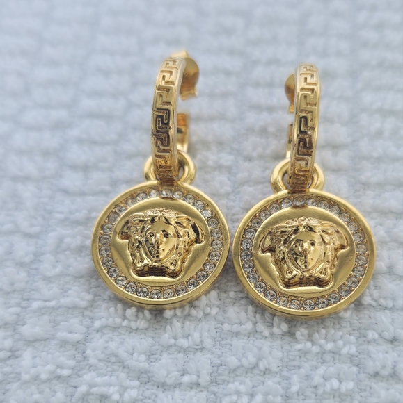 Versace Gold Tone Crystal La Medusa Greca Drop Earrings - Picture 3 of 6